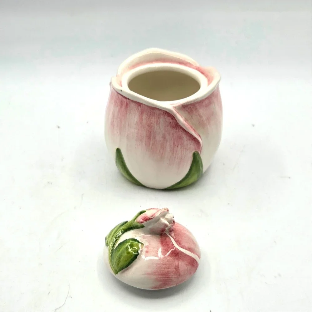 European Style Pink Rose Bud Shaped  Sugar Bowl with Lid Vintage